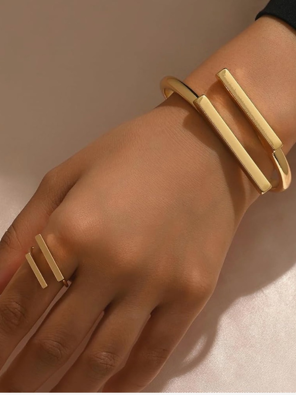 Architectural Parallel Bar Open Cuff Bracelet and Adjustable Ring Set - Picture 2 of 6